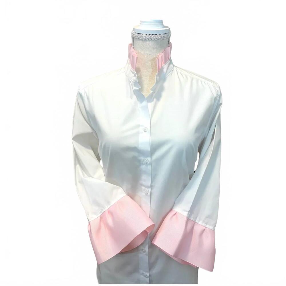NEW PEARLY VINE women's barbara ann ribbon trim shirt in white/blush